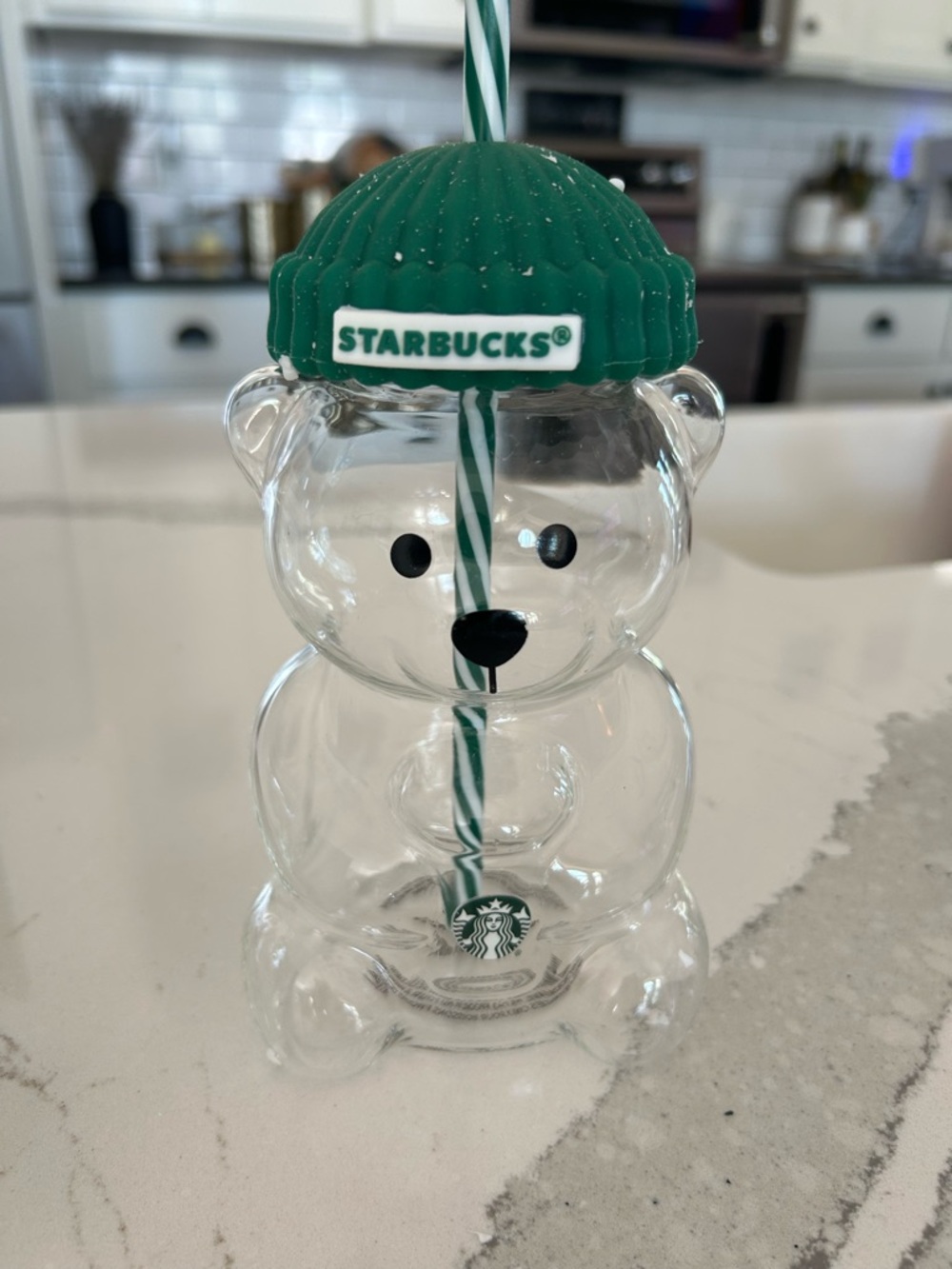 Starbucks Clear Bear Tumbler with Green Beanie Lid and Green-White Straw